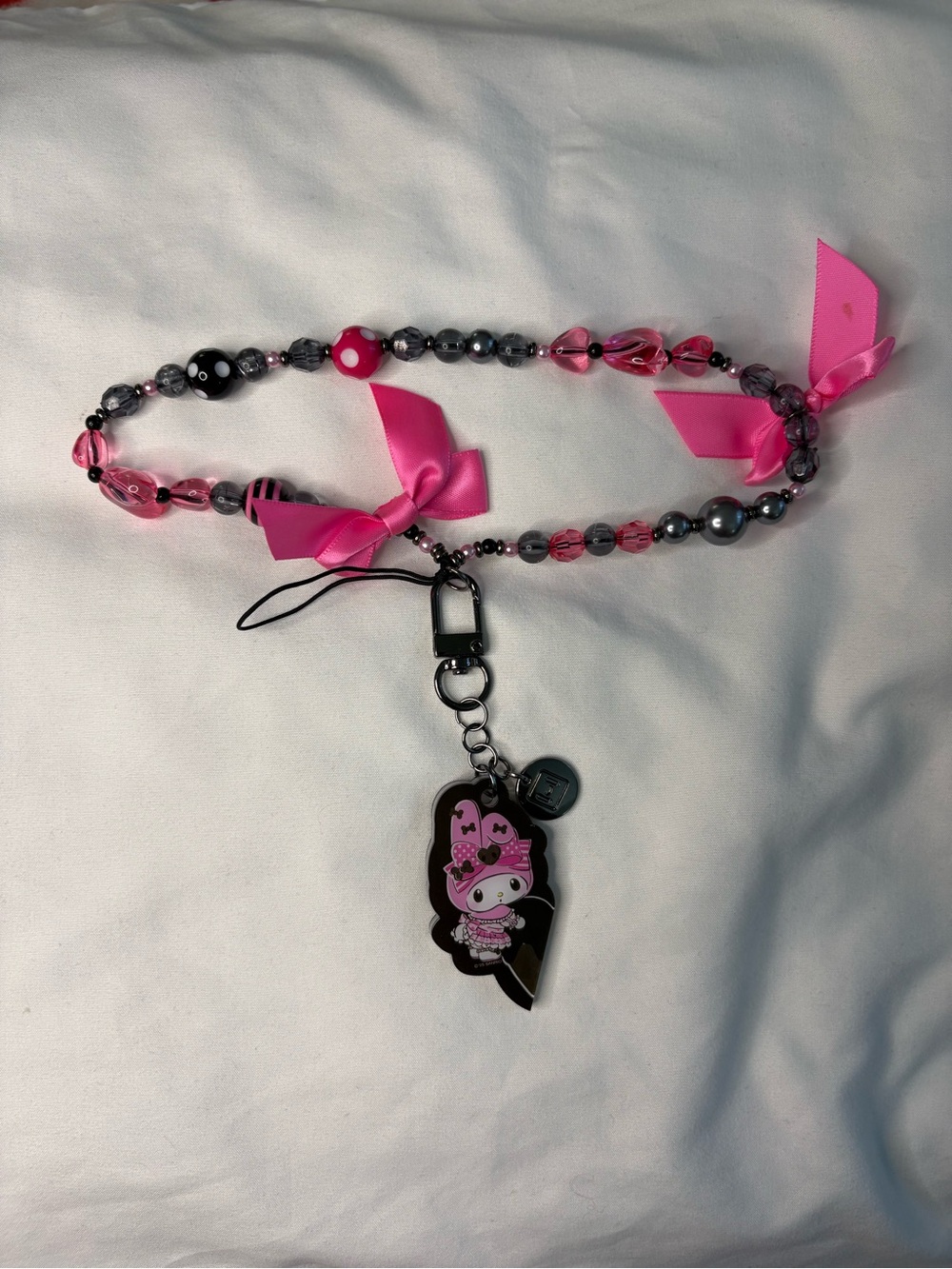 Kids Pink Beaded Charm Lanyard with Ribbon Bows and Character Charm